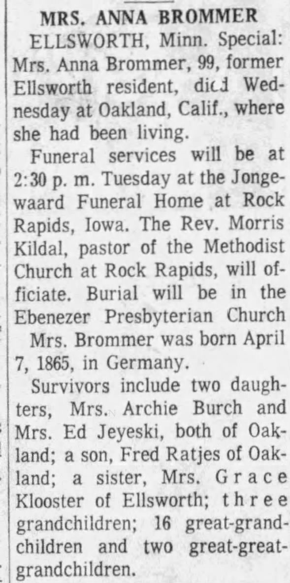 Obituary for ANNA BROMMER (Aged 99)